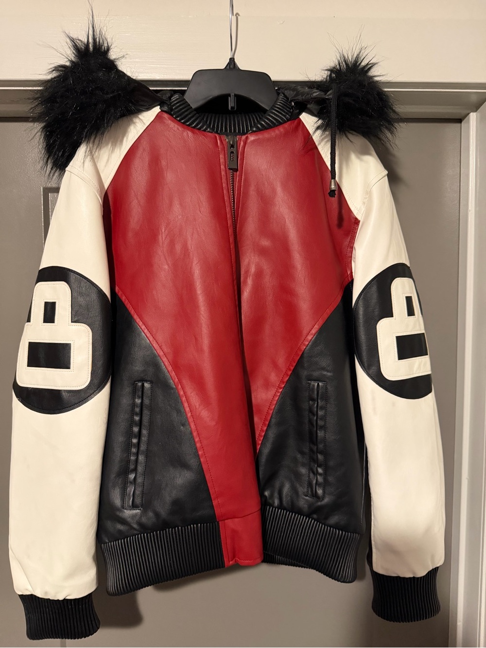 Colorblock Leather Bomber Jacket with Faux Fur Hood - Red/Black/Cream